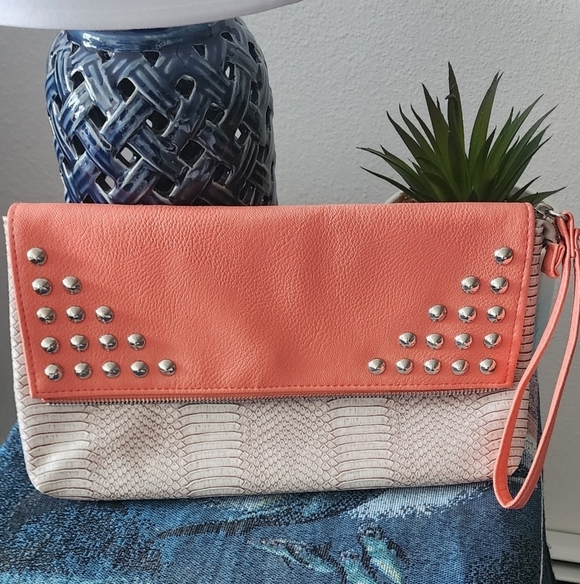 Giannini Handbags - Giannini Textured Snake Print Fold Over Clutch Bag Studded Snap Close